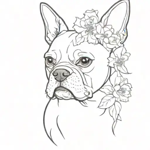 boston terrier ear outline tattoo with honeysuckle flowers  tattoo design idea