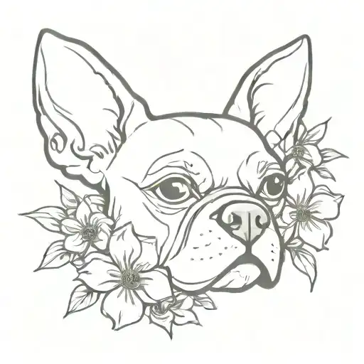 boston terrier ear outline & honeysuckle flowers tattoo design idea