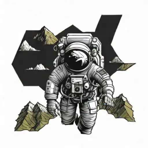 astronaut projecting 5m1101 in mountain range and 11e02 in tea leaf  tattoo design idea