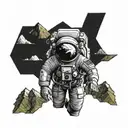 astronaut projecting 5m1101 in mountain range and 11e02 in tea leaf  tattoo design idea