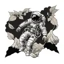 astronaut projecting 5m1101 in mountain range and 11e02 in tea leaf  tattoo design idea