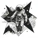 astronaut projecting 5m1101 in mountain range and 11e02 in tea leaf  tattoo design idea
