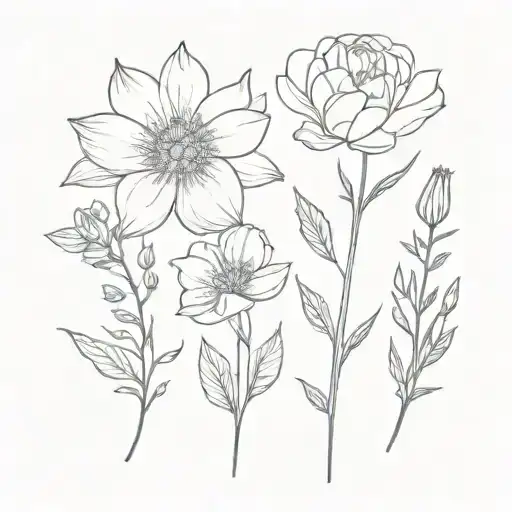 February birth flower, July birth flower, December birth flower bouquet tattoo design idea