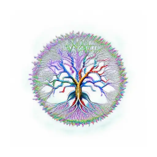 tree of life mixed with DNA and the 7 chakras tattoo design idea