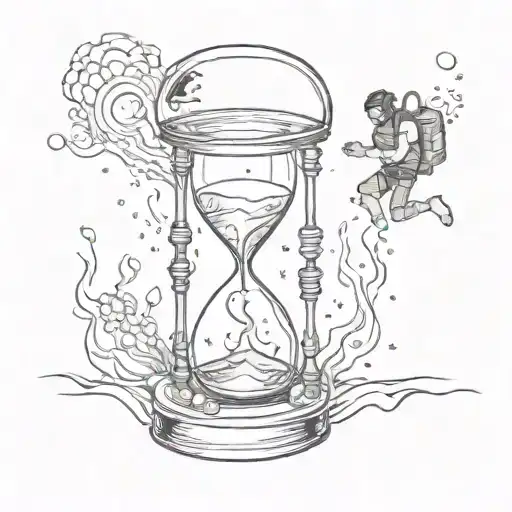 A unique design of an hourglass filled with water and a diver exploring the depths, showcasing the client's fascination with diving and the concept of time tattoo design idea