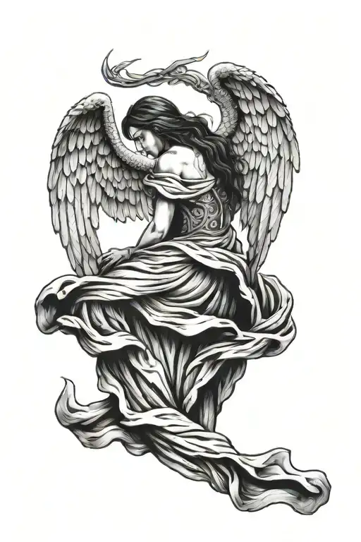 A tattoo on the back of an angel with open wings looking down where a war between angels takes place. tattoo design idea
