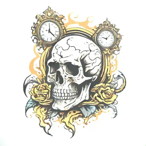 Skull with clock melting tattoo design idea