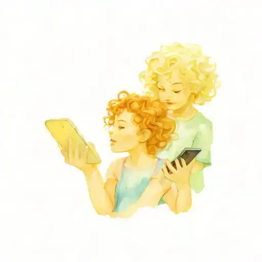 Curly girl and boy repairing mobile phone tattoo design idea