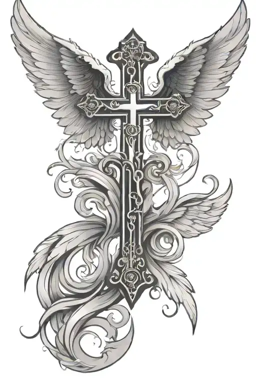 christian cross with angel wings tattoo design idea