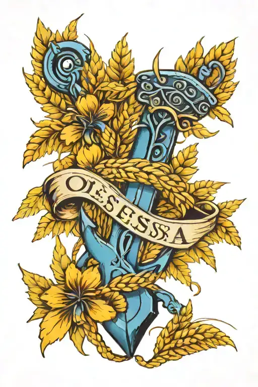 blue anchor and yellow wheat with the inscription Odessa tattoo design idea