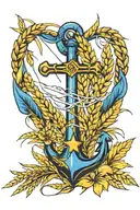 blue anchor on top and yellow wheat on the bottom tattoo design idea