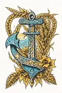 blue anchor on top and yellow wheat on the bottom tattoo design idea