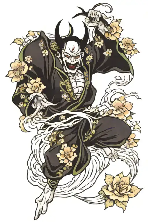 i want japanese Hannya man tattoo with flowers with a koi fish jumping out of water in black and white tattoo design idea