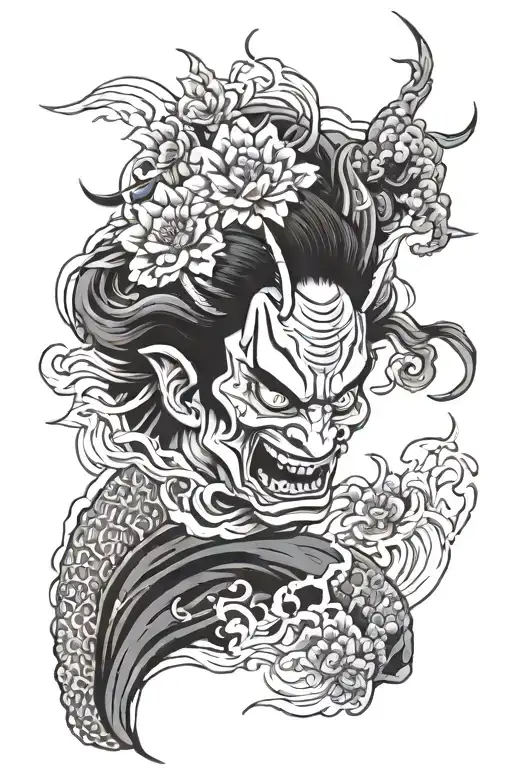 i want japanese Hannya man tattoo with flowers with a koi fish jumping out of water in black and white tattoo design idea