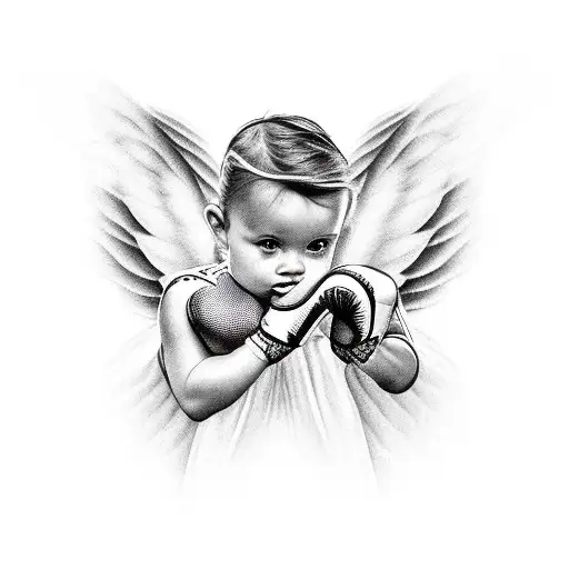angel with boxing gloves around neck tattoo design idea