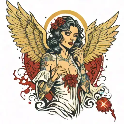 Sexy Angel, Smoking Cigarette, Dripping in blood, malicious facial expression, large Cleavage, Golden Halo, Torn Dress tattoo design idea