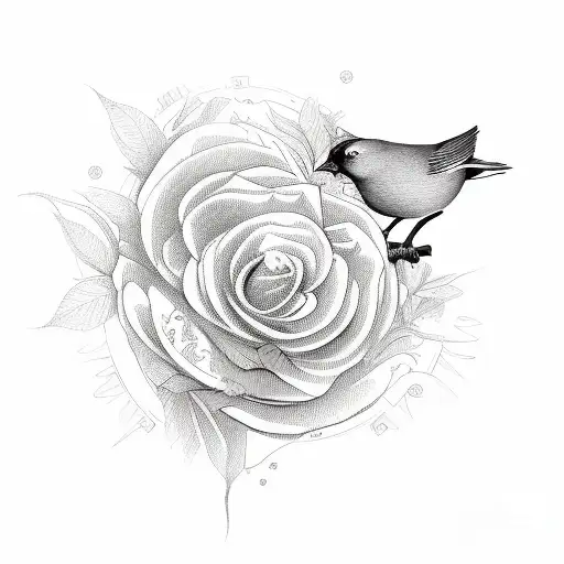 clock roses and bird tattoo design idea