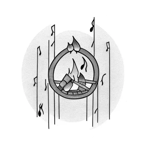 A minimalist tattoo of a campfire with musical instruments as flames tattoo design idea