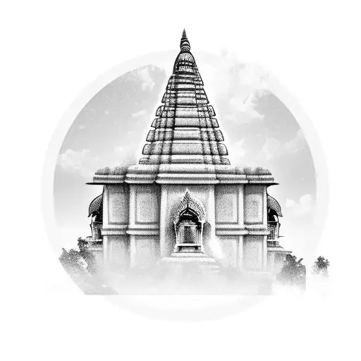A serene depiction of a Hindu temple in India, surrounded by lush greenery tattoo design idea
