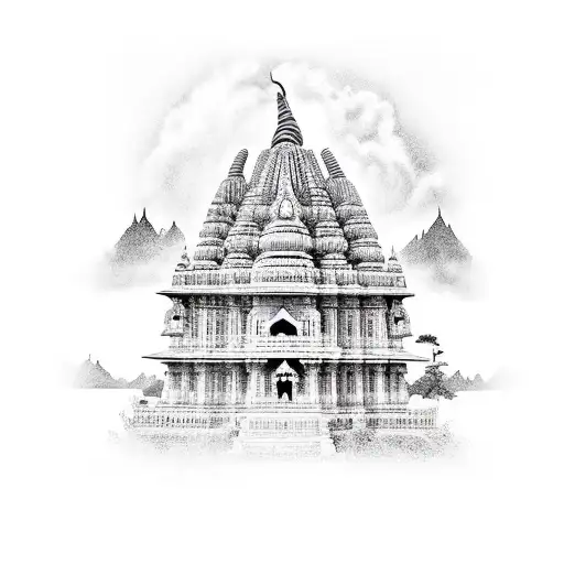 A serene depiction of a Hindu temple in India, surrounded by lush greenery tattoo design idea