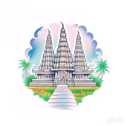 A serene depiction of a Hindu temple in India, surrounded by lush greenery tattoo design idea