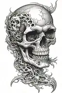 skull and fire random scratches full sleeve tattoo design idea