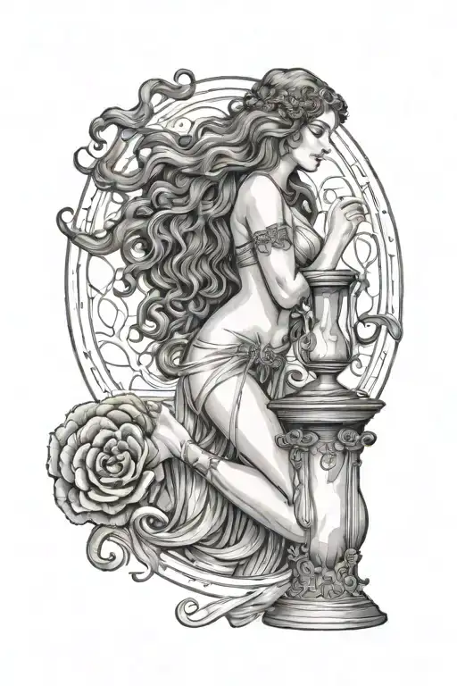 A girl in Ancient Greece with long curly hair and a hourglass figure on her knees with Aphrodite in front of her tattoo design idea