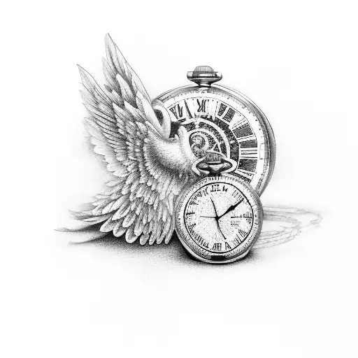 two pocket watches, a scroll with names on it, two angels, numbers tattoo design idea