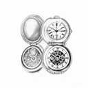 Two pocket watches, one showing 6.33pm and the other showing 7.34pm  Two scrolls, one says Isabelle 3.5.13 and the other tattoo design idea