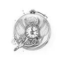 two pocket watches, a scroll with names on it, two angels, numbers tattoo design idea