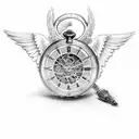 two pocket watches, a scroll with names on it, two angels, numbers tattoo design idea