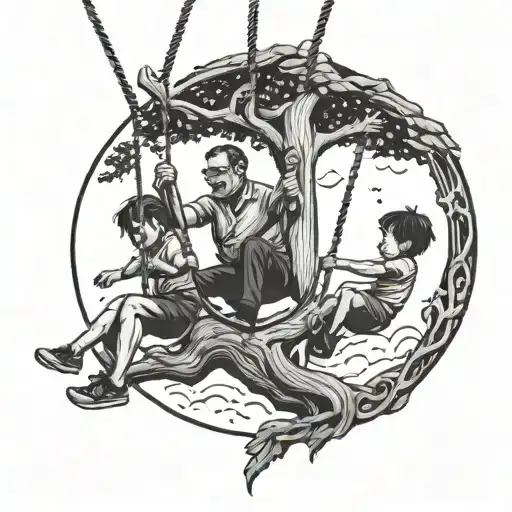 father swings with son and mother tattoo design idea