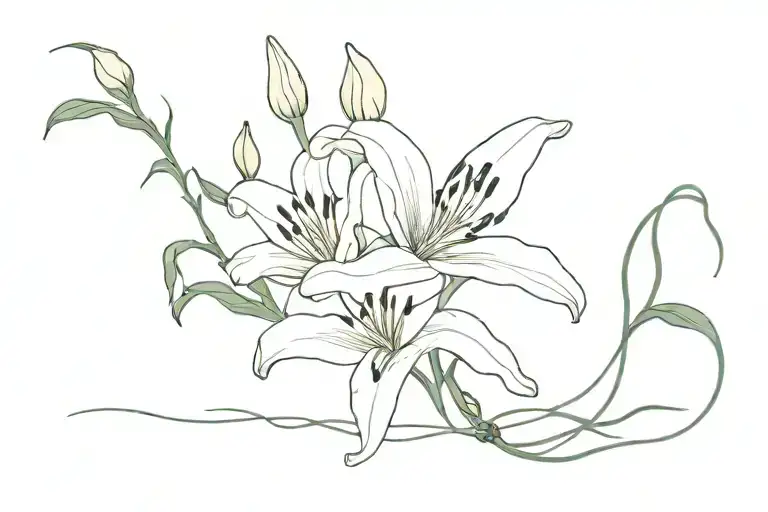 broken white lily with vine extending from roots tattoo design idea