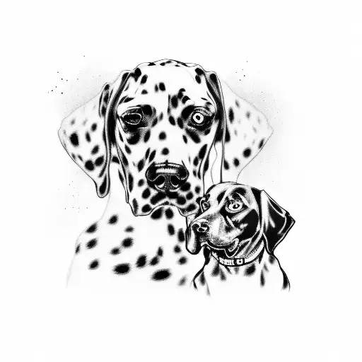 A black and grey realistic portrait of a firefighter with their loyal Dalmatian dog tattoo design idea