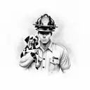A black and grey realistic portrait of a firefighter with their loyal Dalmatian dog tattoo design idea