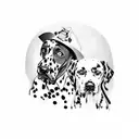 A black and grey realistic portrait of a firefighter with their loyal Dalmatian dog tattoo design idea
