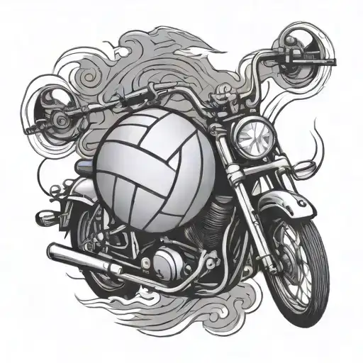 Create a black and grey tattoo of a volleyball morphing into a motorcycle, blending your two favorite things into one unique design tattoo design idea