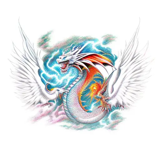 A dragon intertwined with a phoenix in battle to the death tattoo design idea