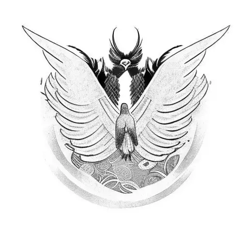 a black and white tattoo of a black crow in a wings open style with claw proceeding in inuit style tribal tattoo design idea