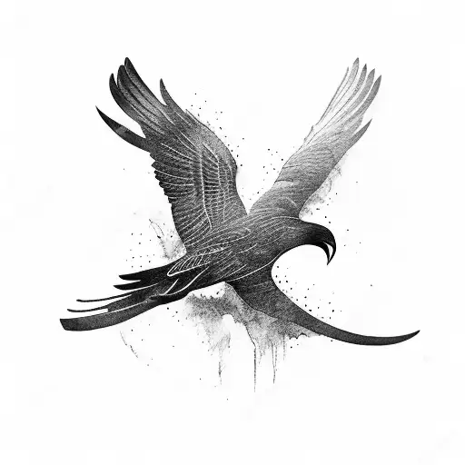 a black and white tattoo of a black crow in a wings open style with claw proceeding in inuit style tribal tattoo design idea