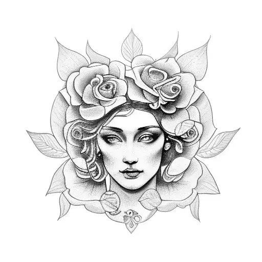 A tattoo showcasing the beautiful Aphrodite, the goddess of love and beauty, surrounded by roses tattoo design idea