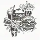 A tattoo design featuring iconic symbols of fast food intertwined with symbols of your favorite bands like Led Zeppelin and Metallica tattoo design idea