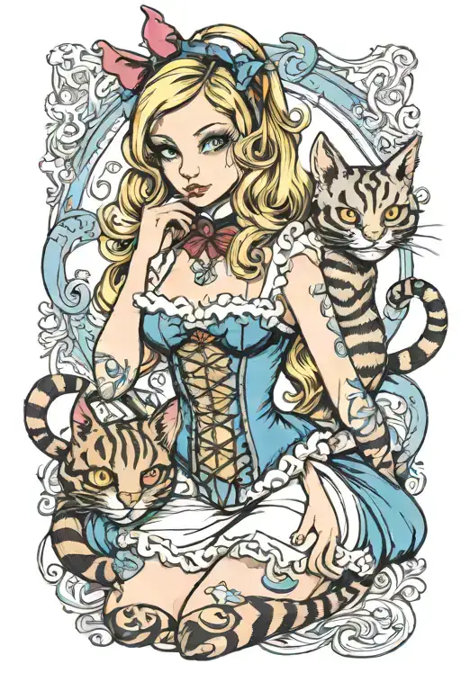 Alice in wonderland in lingerie posing with the eyes and mouth of the Cheshire Cat over her shoulder   tattoo design idea