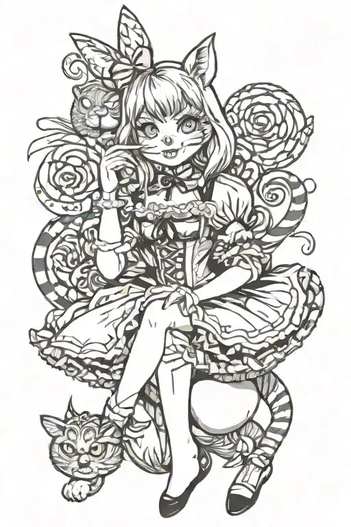 Alice in wonderland in lingerie posing with the eyes and mouth of the Cheshire Cat over her shoulder   tattoo design idea