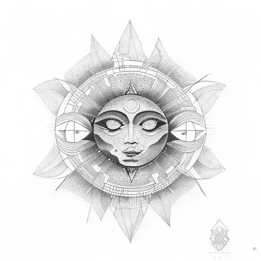 Design a dotwork tattoo that captures the essence of abstract art while incorporating the sun and moon tattoo design idea