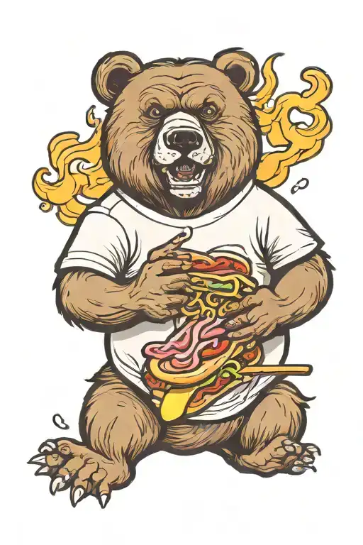 Bear eating a hot dog smoking a cigarette tattoo design idea
