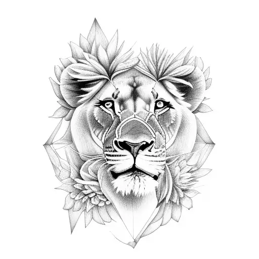 lioness with mandela anf flowers tattoo design idea