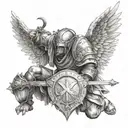 warrior angel, kneeling with sword and shield tattoo design idea
