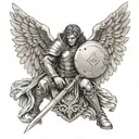 warrior angel, kneeling with sword and shield tattoo design idea