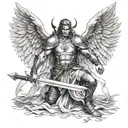 warrior angel, kneeling with sword and shield tattoo design idea